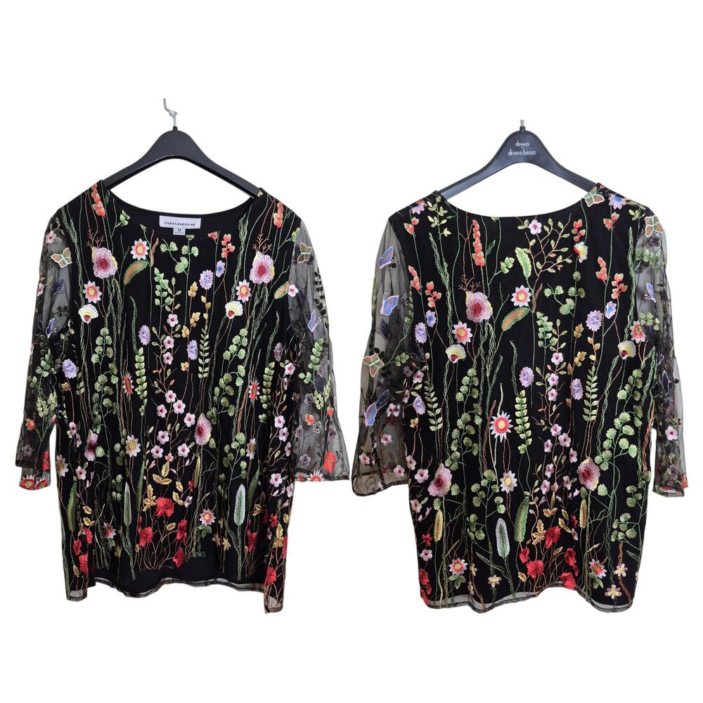 Caroline Rose USA Black Green Red Floral Embroidered Overlay Blouse Top Shirt M